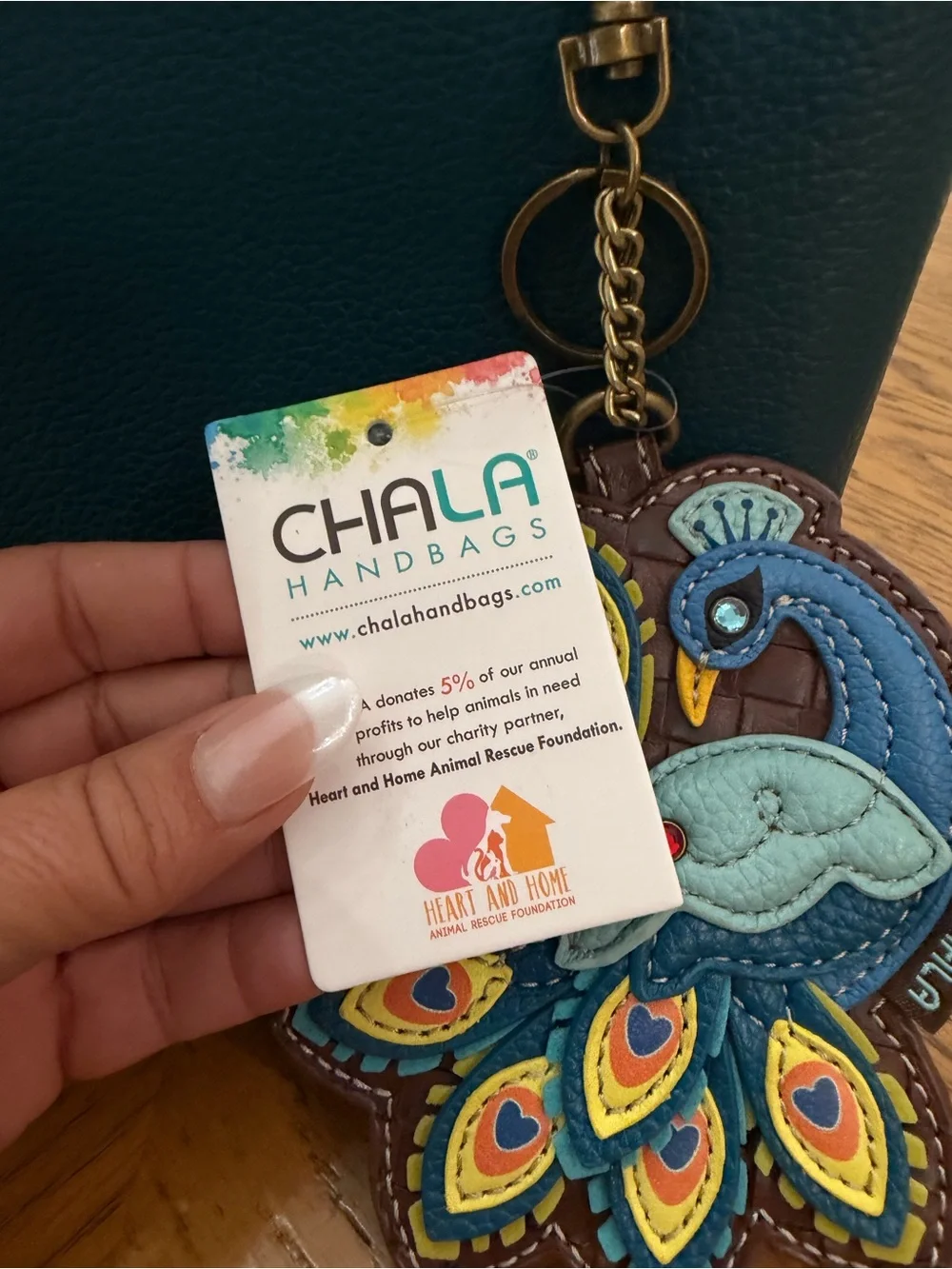 Chala Teal and Brown Leather Top-Handle Bag and Peacock Charm Purse